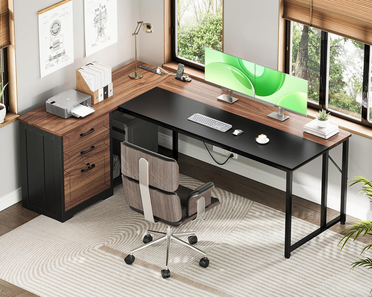 61" L Shaped Office Desk with Wood Drawers B64123