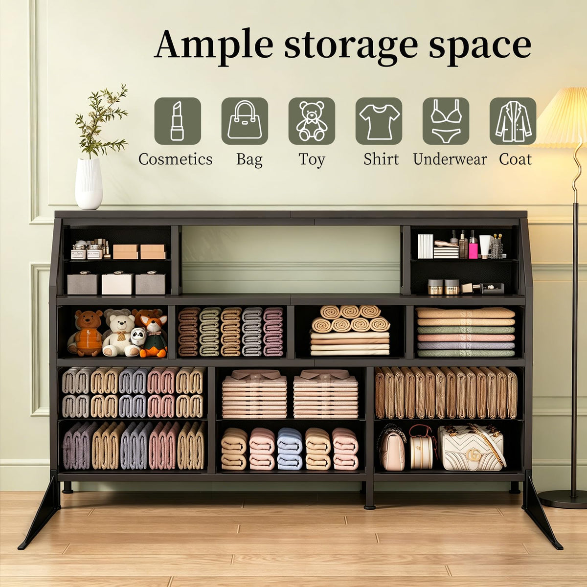 55" Black 14 Drawer Fabric Dresser with Open Shelf P348