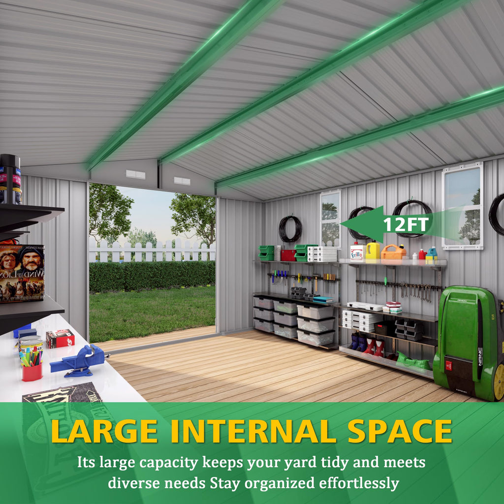 10x12 FT Grey Metal Storage Shed with Double Doors Q3942