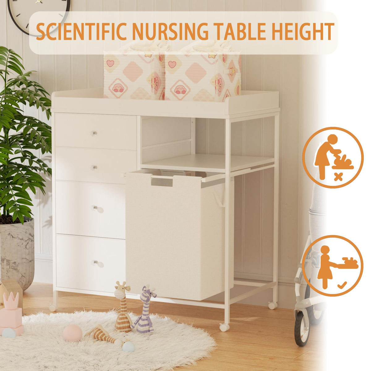 Diaper Changing Station with Wheels and Laundry Hamper W2555