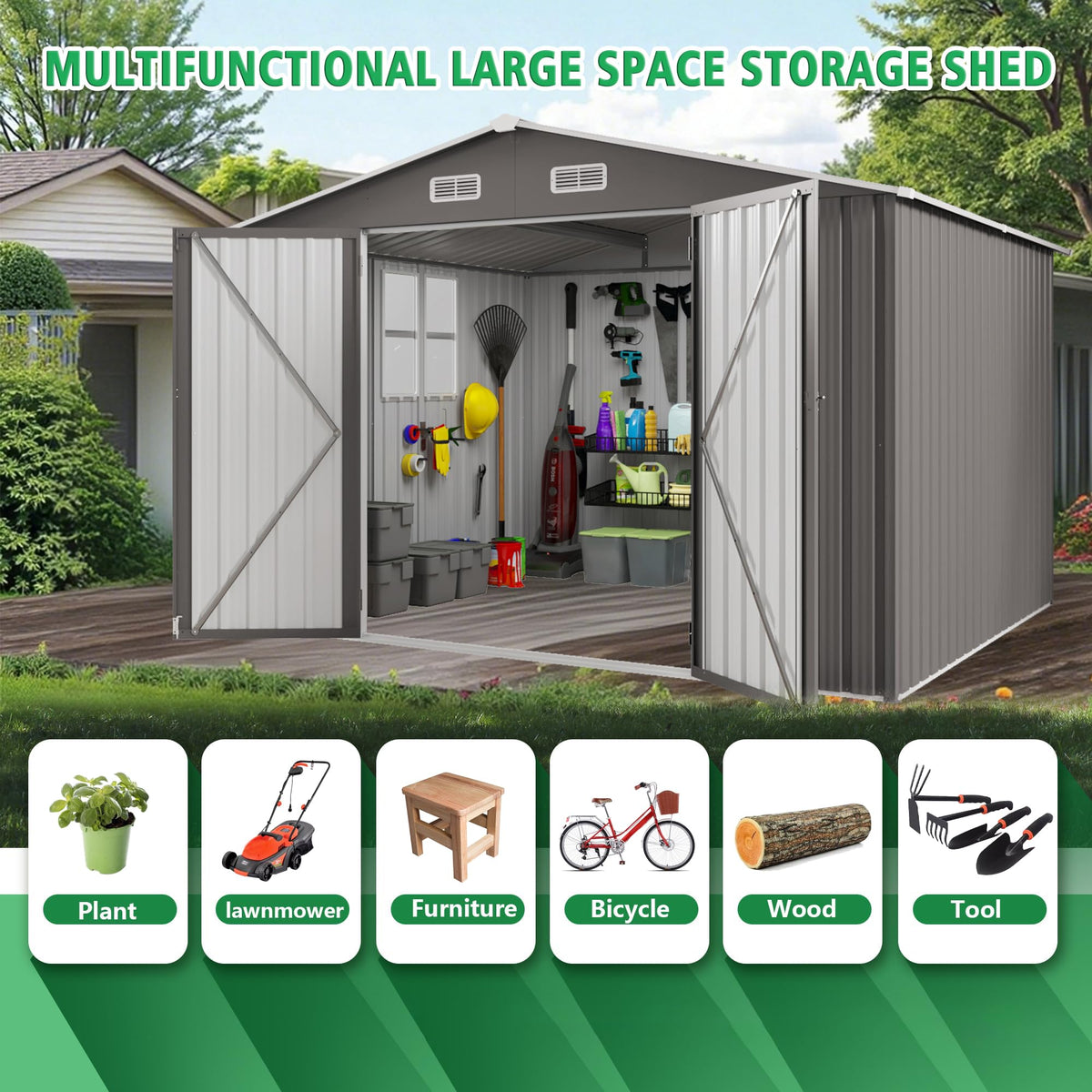 10x12 FT Grey Metal Storage Shed with Double Doors Q3942