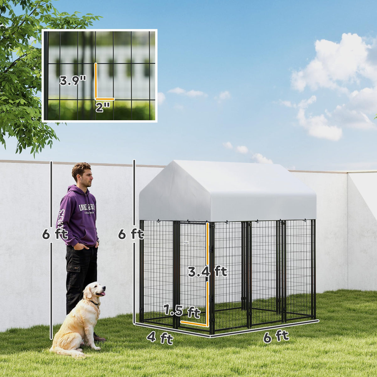 Outdoor Dog Kennel with Roof, 6' x 4' x 6' Heavy Duty Welded Wire Dog Playpen Enclosure G49220