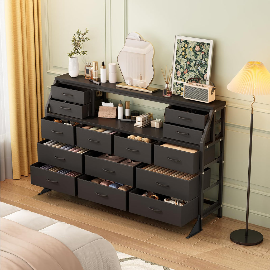 55" Black 14 Drawer Fabric Dresser with Open Shelf P348