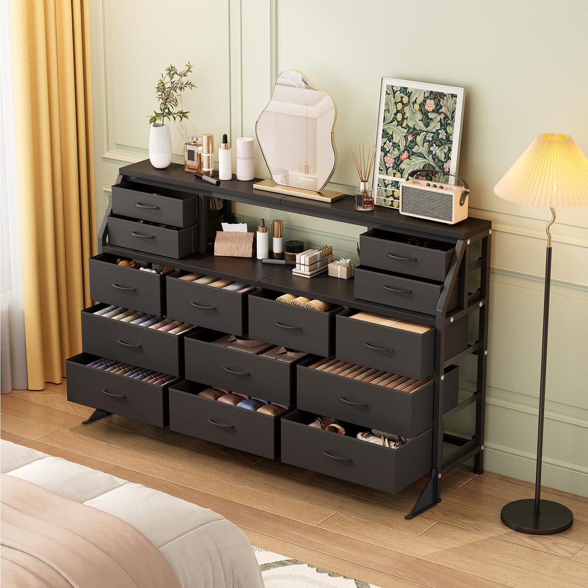 55" Black 14 Drawer Fabric Dresser with Open Shelf P348