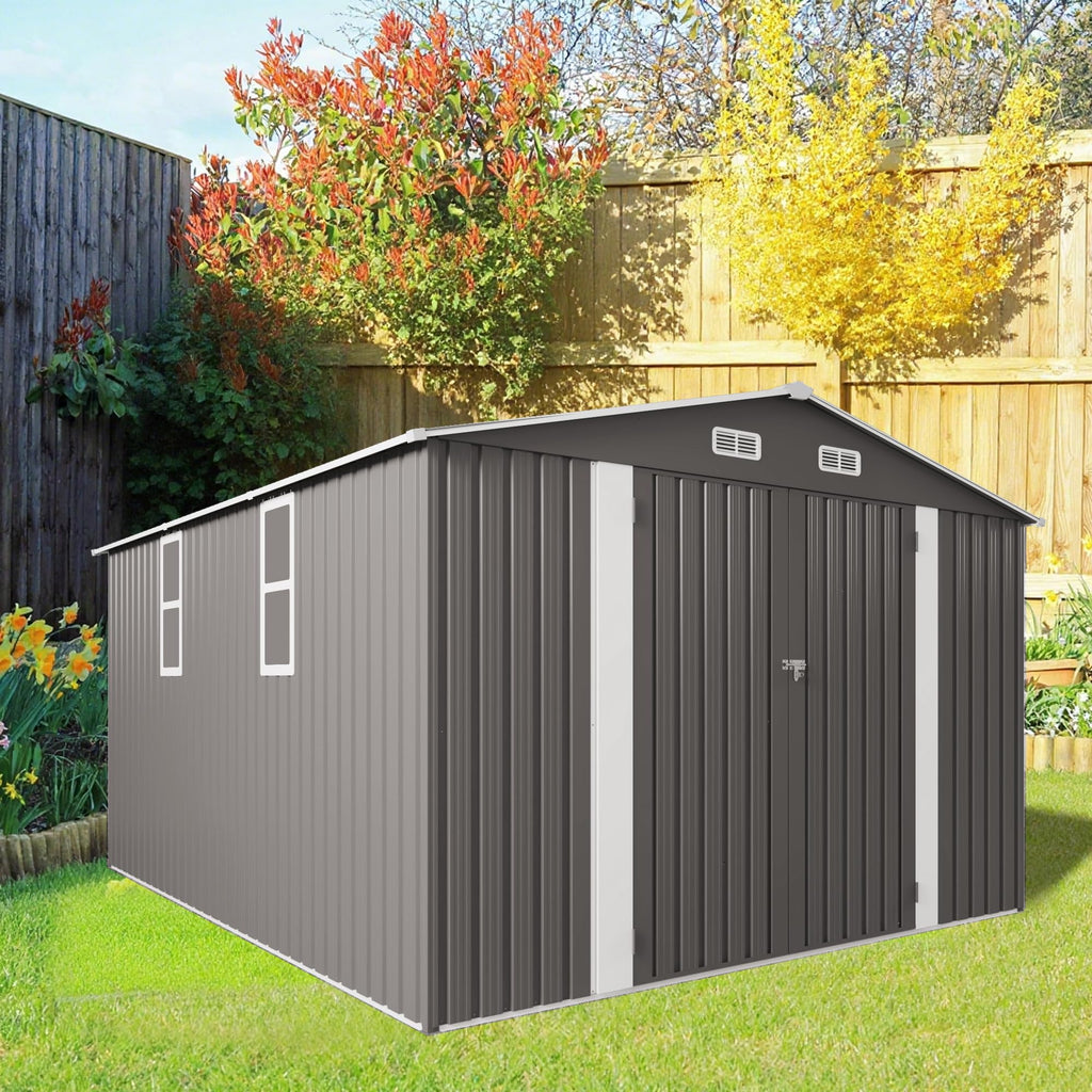 10x12 FT Grey Metal Storage Shed with Double Doors Q3942