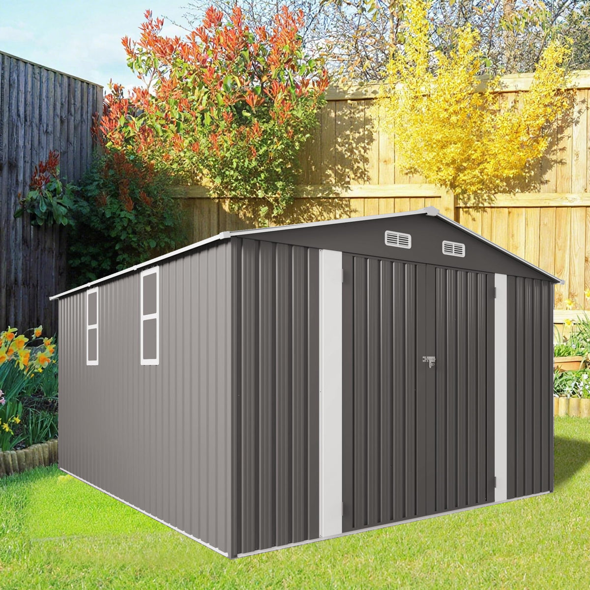 10x12 FT Grey Metal Storage Shed with Double Doors Q3942