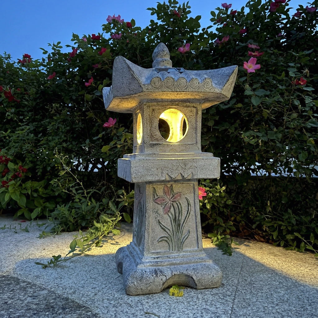 Solar-Powered LED Asian Orchid Pagoda Statue I80087