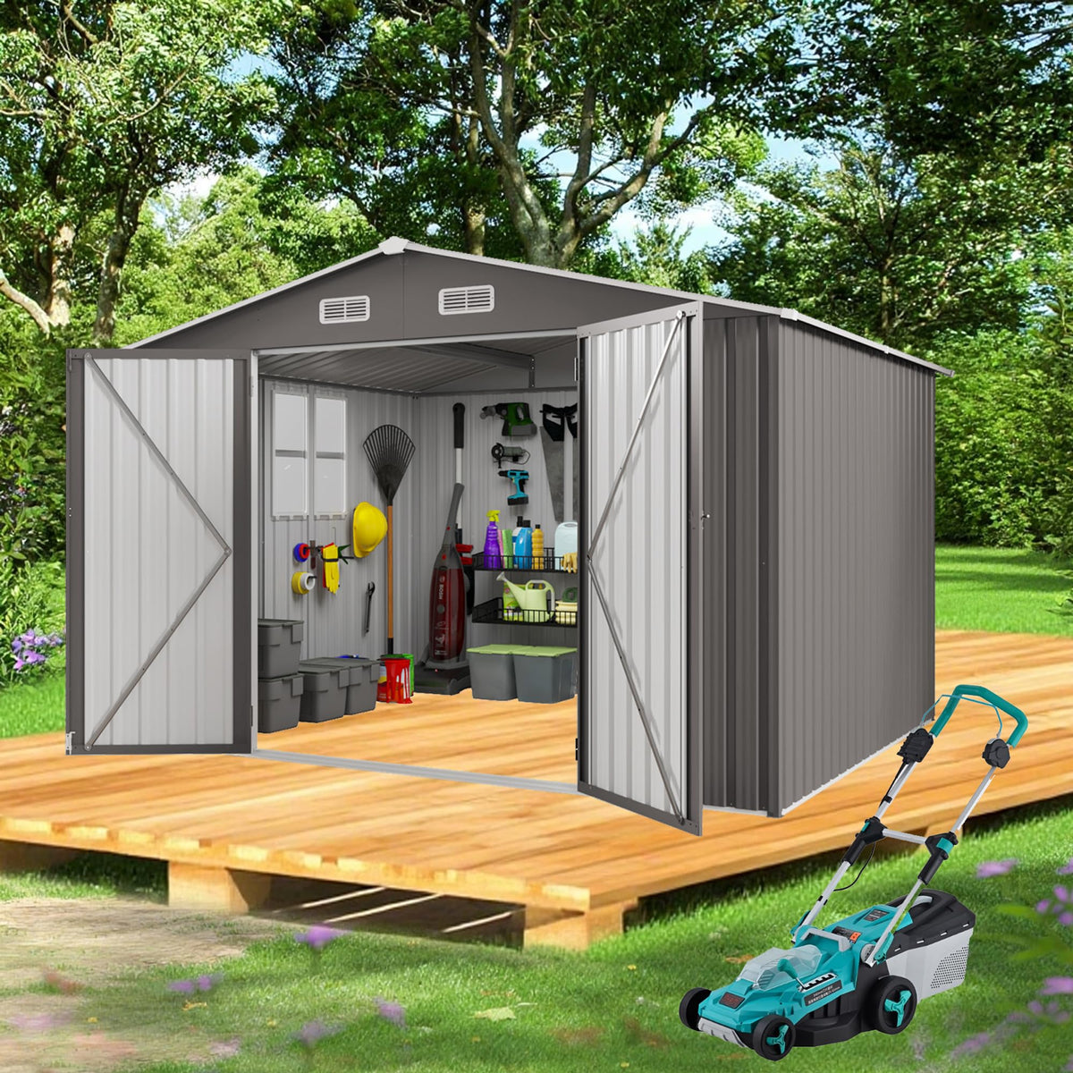 10x12 FT Grey Metal Storage Shed with Double Doors Q3942