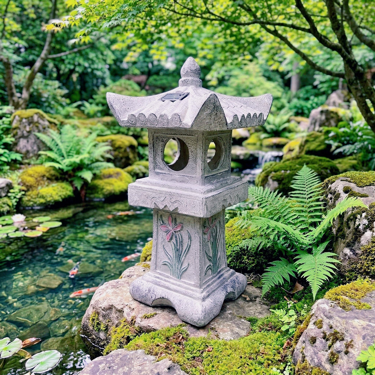 Solar-Powered LED Asian Orchid Pagoda Statue I80087