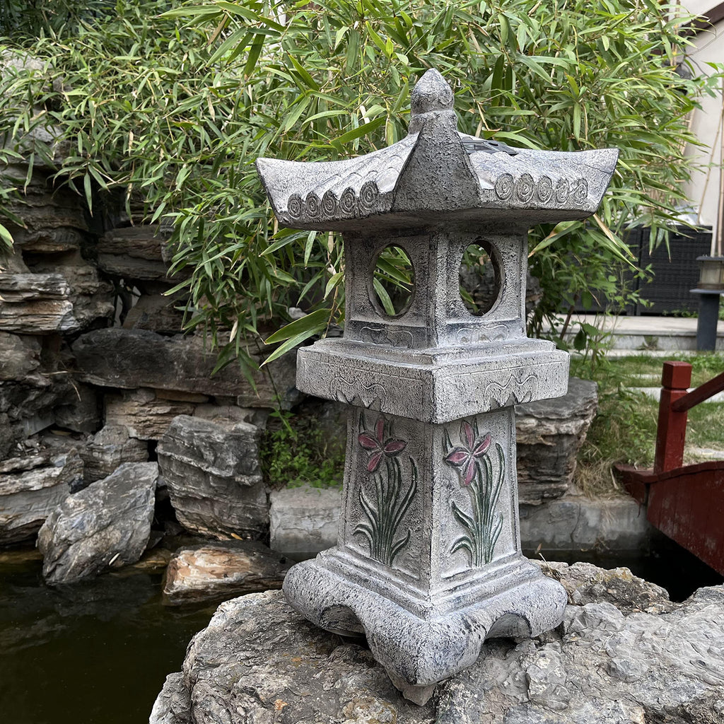 Solar-Powered LED Asian Orchid Pagoda Statue I80087